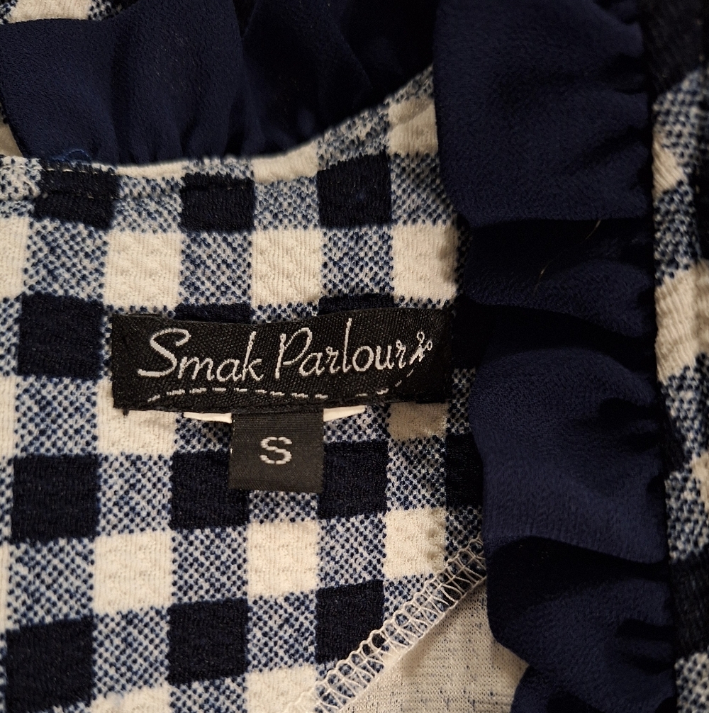 Smak Parlour Vintage Style Fit And Flare Navy and White Gingham Dress Small *L - Picture 5 of 5